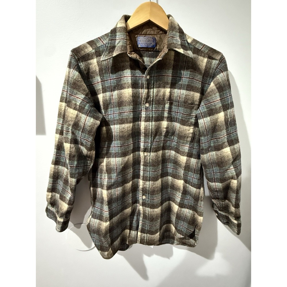 Vintage Pendleton Wool Plaid Shirt Jacket Brown Blue Tan USA Lined Flannel Sz M‎